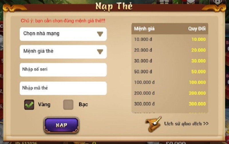 Hướng dẫn nạp tiền vào game Chắn phát lộc